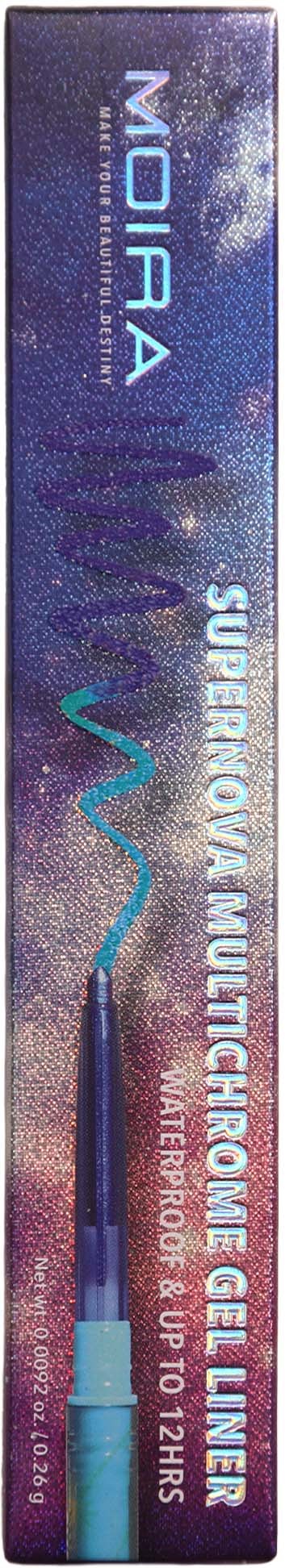 A box of supernova/ultraviolet eyeliner with blue highlighter, featuring the brand name 'Niora' and colorful design.