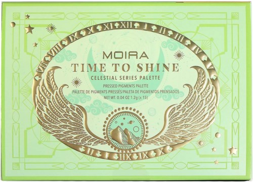 Celestial palette packaging with gold wings, stars, and a clock, labeled 'Moira Time to Shine'.