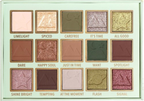 An eyeshadow palette with 16 shades named with words like 'LIMELIGHT', 'SPICED', and 'CAREFREE'.