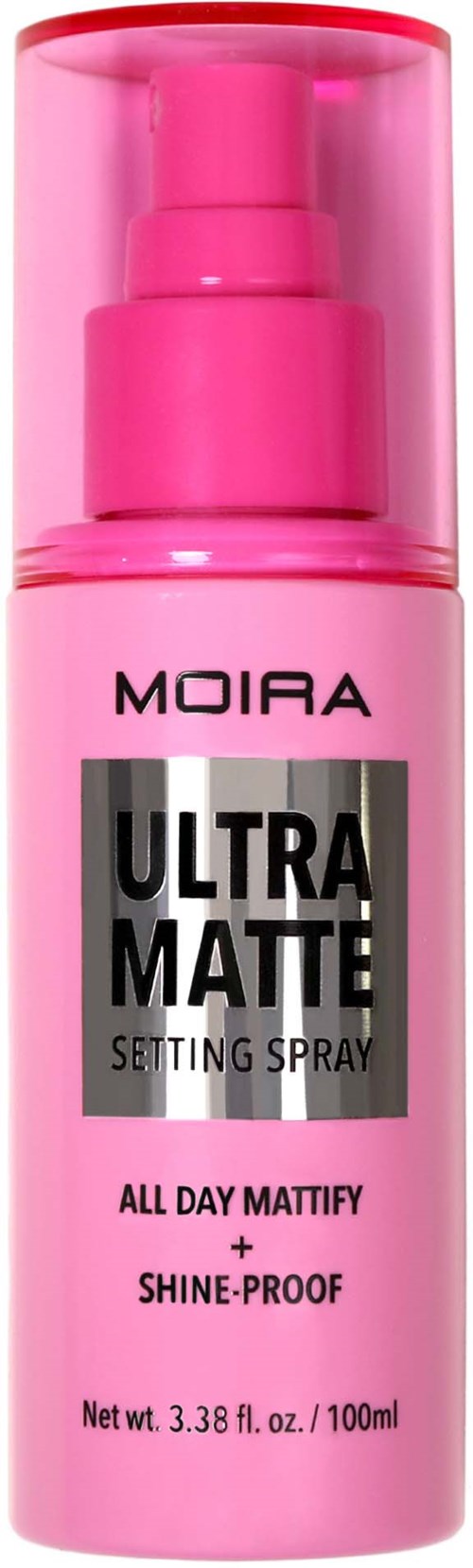 Valkoinen suihkupullo ennen meikin kiinnitystä, Moira Ultra Matte, pidempi mattainen ja kiiltävä. 100ml.