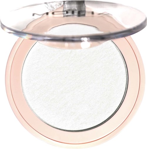 En rund sminke-compact med gjennomsiktig lokk, hvit pudderdelt, og en rosa ytre kant.