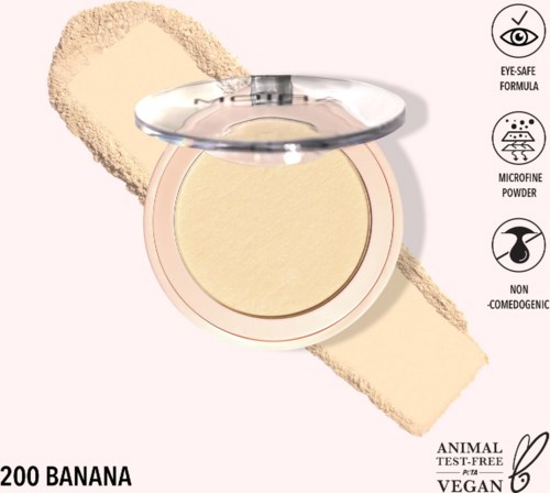 Rund makeup-kansett med beige pulver og klar lokk, merket "200 Banana."