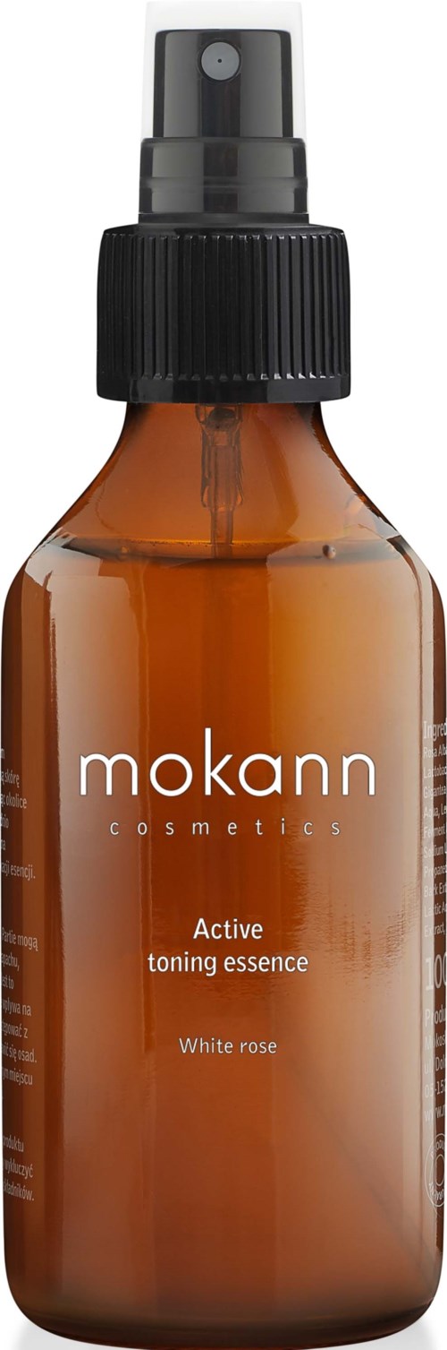 Eine braune Sprühflasche mit der Aufschrift 'mokann cosmetics Active toning essence White rose'.