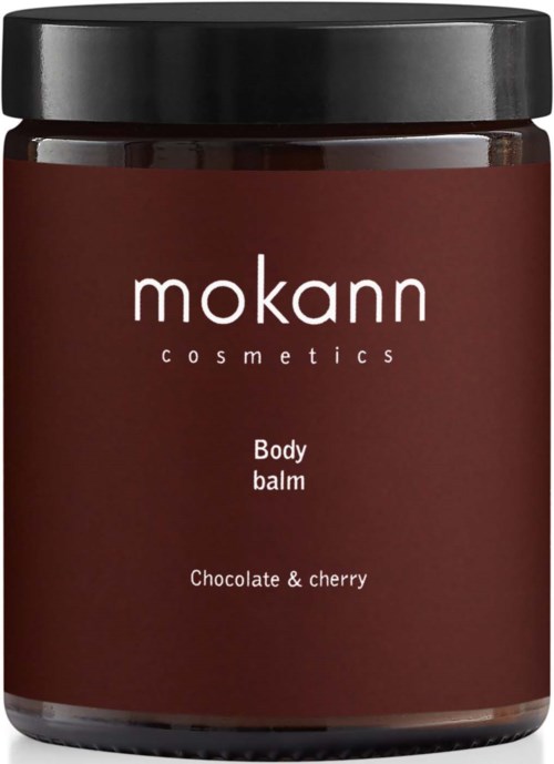 Ein brauner Behälter mit schwarzem Deckel. Das Etikett liest "mokann cosmetics Body balm" mit "Chocolate & cherry".
