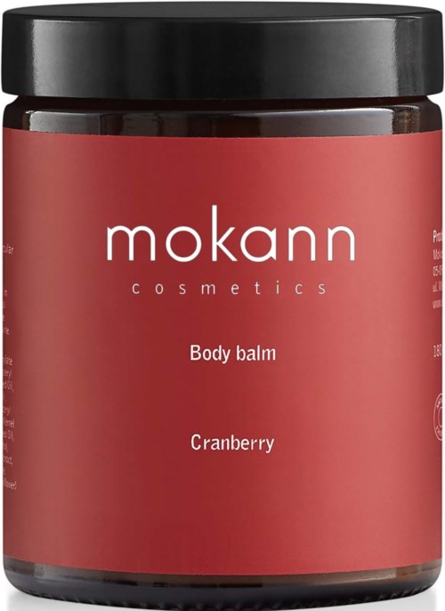 Ein dunkler Behälter mit der Aufschrift 'mokann cosmetics', enthält Körperbalsam mit Cranberry-Duft.