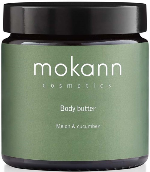 Ein Behälter mit Body Butter von Mokann Cosmetics, Melone & Gurke, mit schwarzem Deckel und grüner Verpackung.