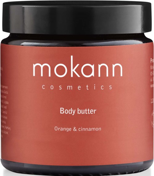 Ein Behälter Körperbutter von Mokann Cosmetics mit Orangen- und Zimtduft.