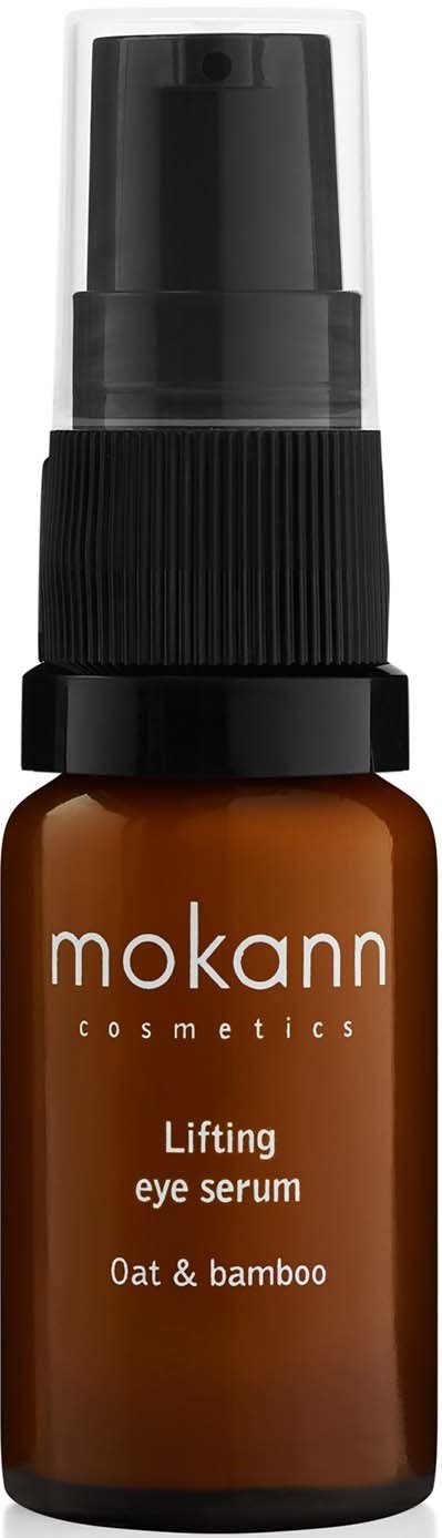 Kleine braune Flasche mit schwarzen Pumpen, beschriftet "Mokann cosmetics, Lifting eye serum, Oat & bamboo."