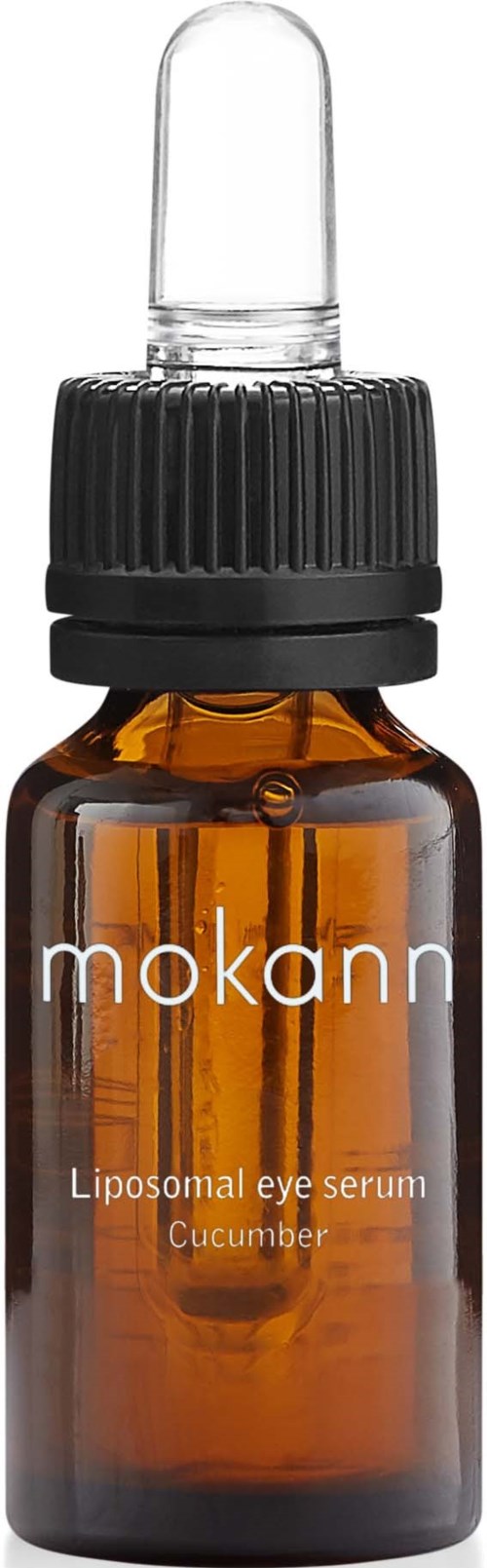 Kleine braune Tropfflasche mit Aufschrift 'mokann Liposomal eye serum Cucumber' und einer klaren Glasdroplette oben.