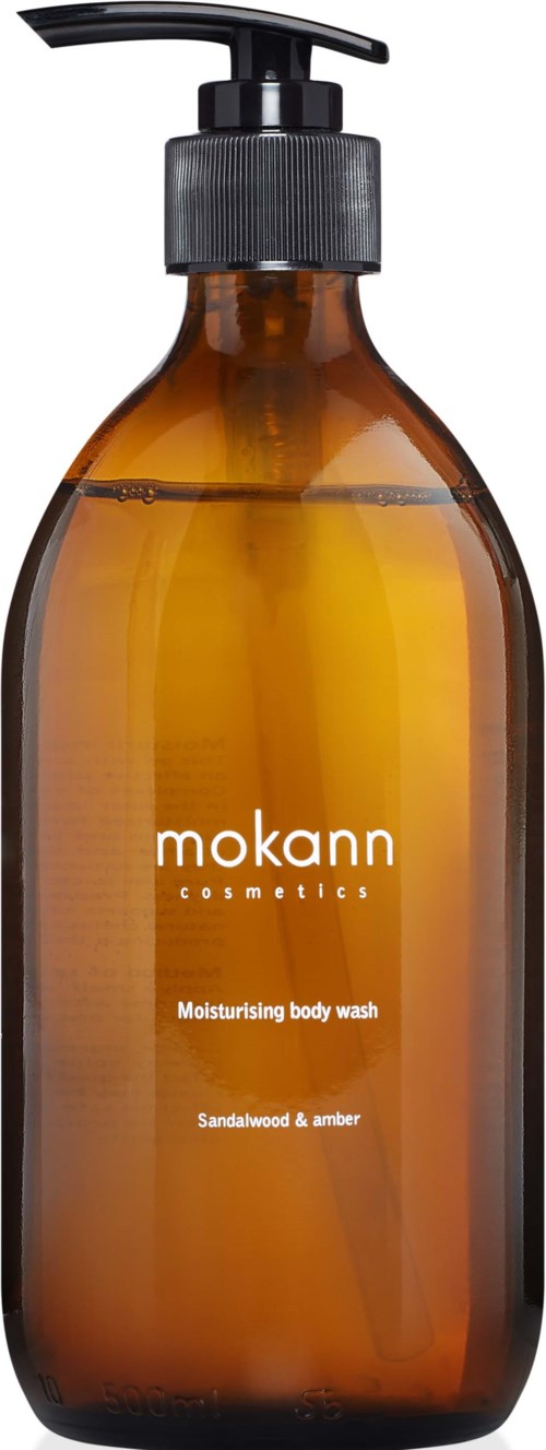 Braune Flasche mit Pumpe für feuchtigkeitsspendendes Duschgel mit Sandelholz und Amber.