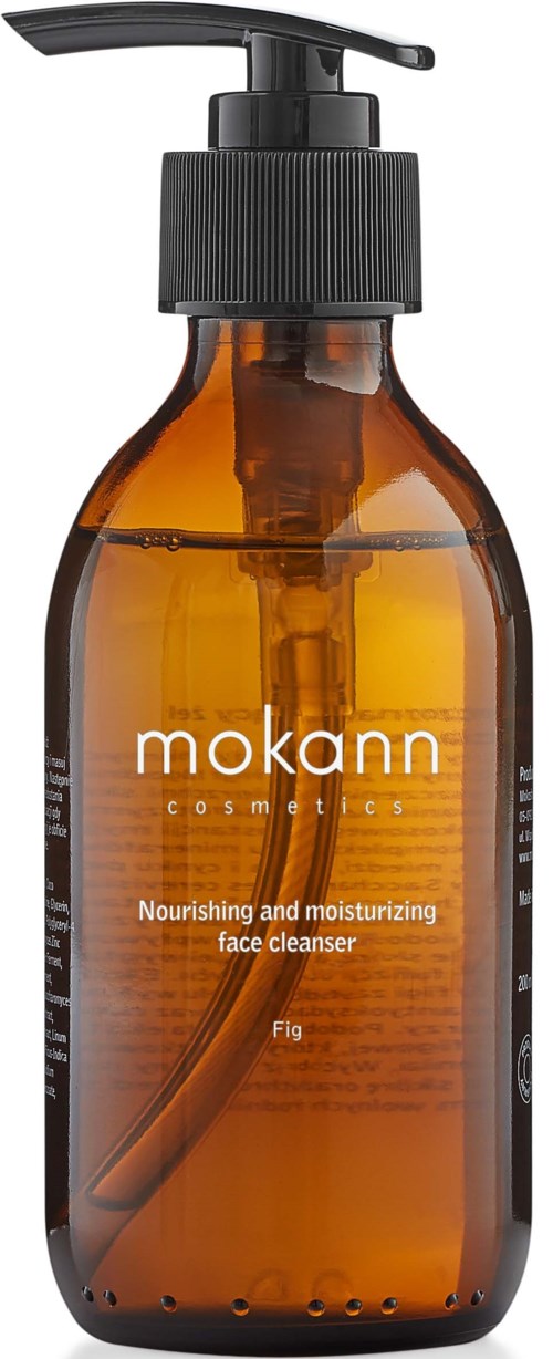 Eine braune Flasche mit Pumpe, beschriftet 'mokann cosmetics' und 'Nourishing and moisturizing face cleanser' mit Feige.