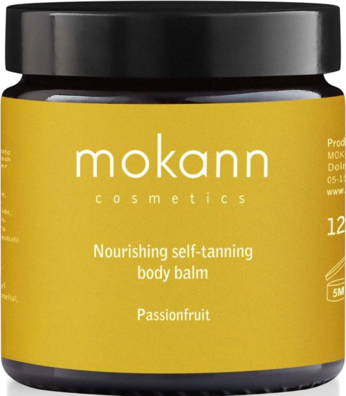 Ein gelber Behälter von MOKANN Kosmetik mit nährender Selbstbräunungskörperbalsam mit Passionsfruchtdüft.