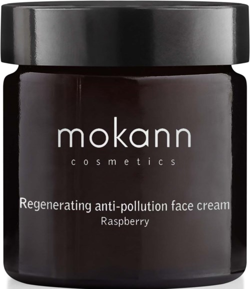 Ein dunkler Behälter mit der Aufschrift 'Mokann cosmetics', der sagt 'Regenerating anti-pollution face cream' und 'Raspberry'.