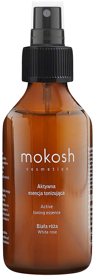 Een bruine sprayfles met een zwarte dop en label, met de tekst 'mokosh cosmetics' en 'white rose'.