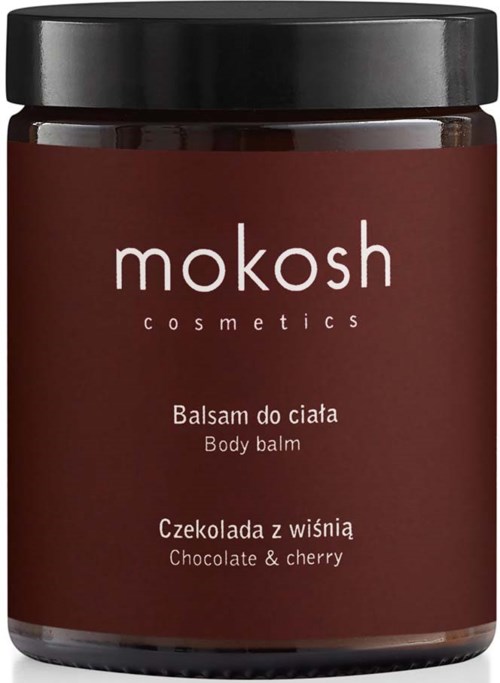 Tummanpunainen ruskea purkki mustalla kannella, merkattu 'mokosh cosmetics, body balm, chocolate & cherry' englanniksi ja puolaksi.