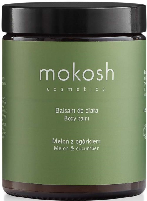 Een donker potje met een groene label die zegt 'body balm' en 'melon & cucumber' van Mokosh cosmetics.