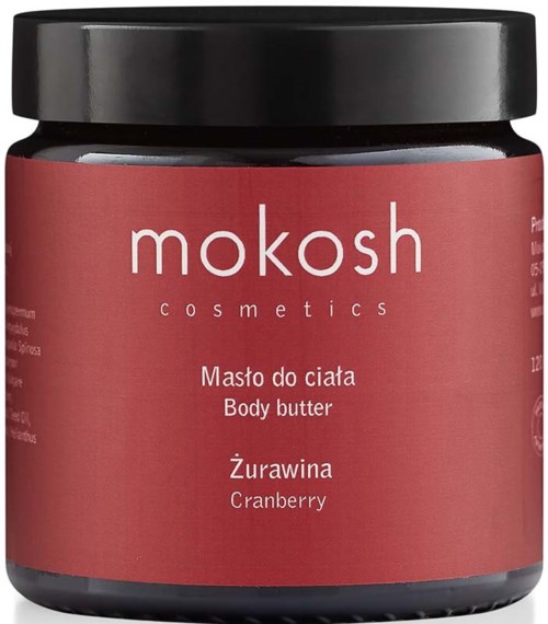 Een pot lichaamsboter met cranberry smaak, roze label en zwarte deksel van Mokosh Cosmetics.