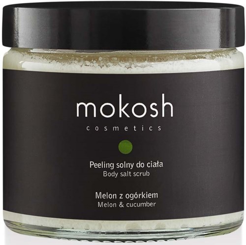 Zwarte en heldere pot met witte inhoud, gelabeld als lichaam zout scrub met meloen en komkommer geur.