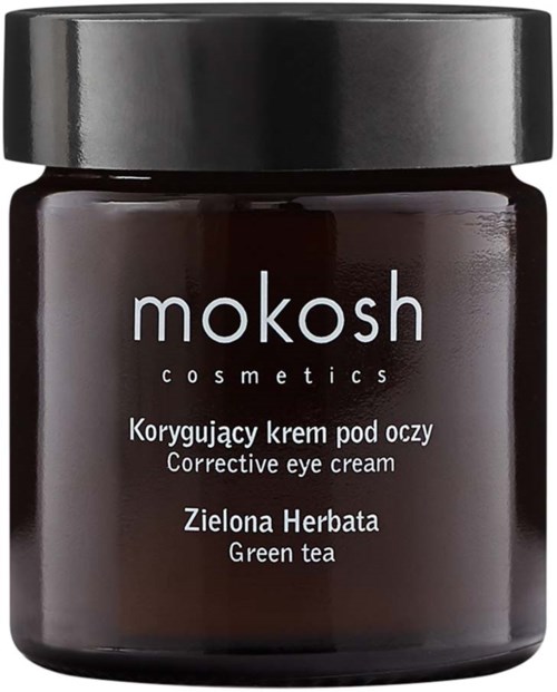 Donkere bruin potje met Mokosh cosmetica en zwarte deksel, gemerkt als oogcrème met groene thee.