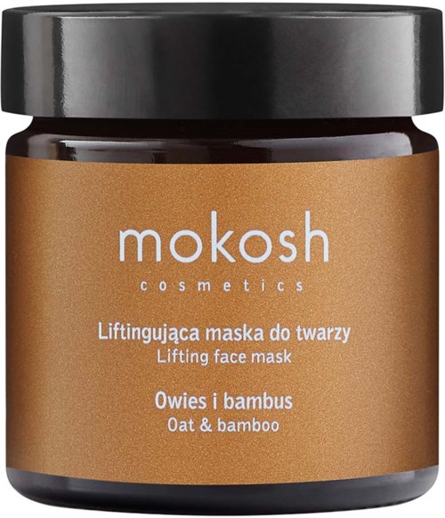 Een bruin potje met zwarte deksel, gelabeld 'mokosh cosmetics' en 'lifting face mask'. Het vermeldt haver en bamboe.