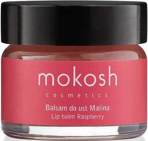 Kleine pot lippenbalsem met frambozen van Mokosh Cosmetics, zwart deksel en roze label.