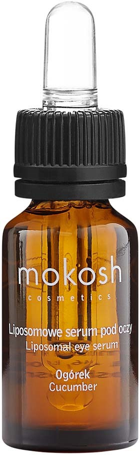Kleine bruine glazen fles met pipet, gelabeld 'Liposome eye serum' met komkommer in het Pools.
