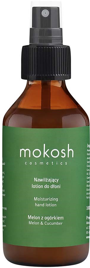 Een kleine bruine fles met zwarte spraydop, met etiket Mokosh, bevat meloen- en komkommerhandcrème.