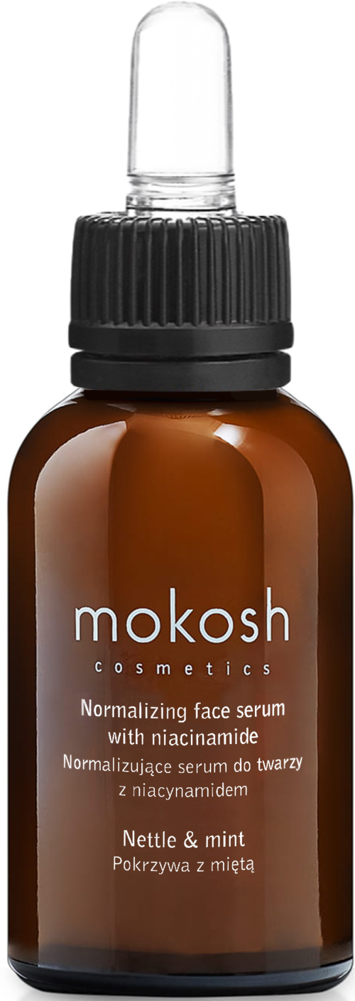 Een bruin pipetflesje met 'mokosh cosmetics', bevat een gezichtserum met niacinamide, voor huidnormalisatie, muntgeur.