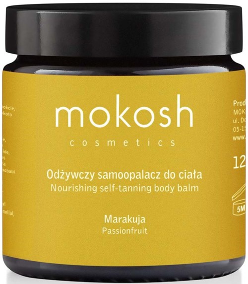 Een gele pot met zelfbruinende body balm van Mokosh Cosmetics, met zwarte deksel en Poolse tekst.