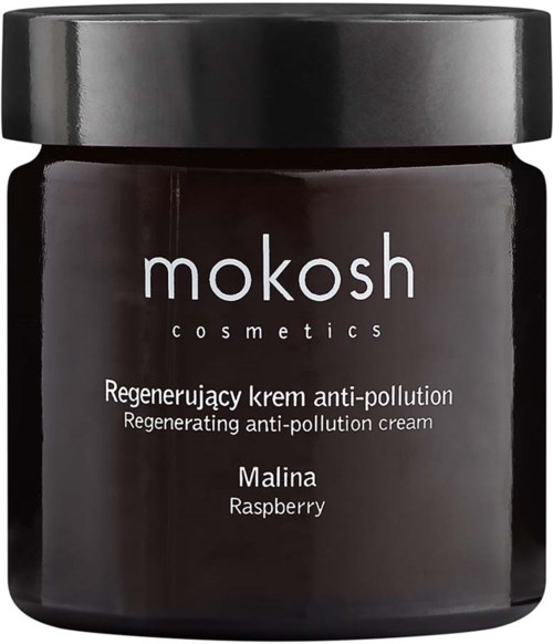 Een zwarte pot Mokosh cosmetics, gelabeld als regenererende anti-vervuilingscrème met framboossmaak.