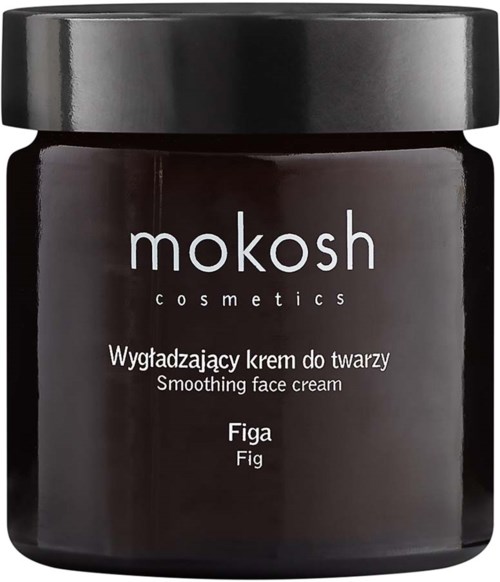 Een donkere potje Mokosh gezichtscrème met het label 'Figa' en beschrijving in het Pools en Engels.