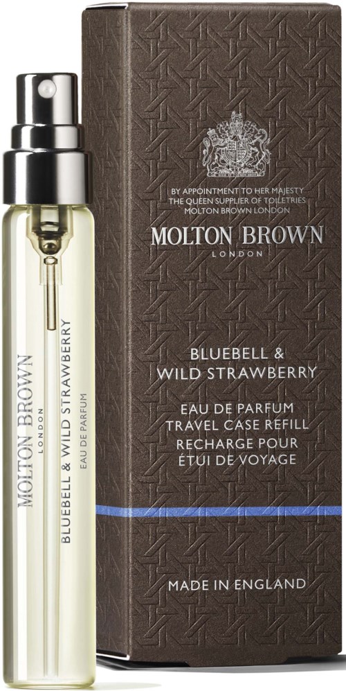 En parfymresväska och box för Molton Browns doft Bluebell & Wild Strawberry.