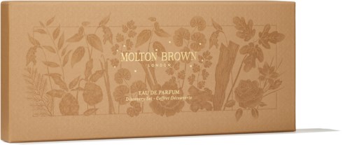 Ein beige Karton mit Blumendetails und goldener Schrift für Molton Brown Parfüm.