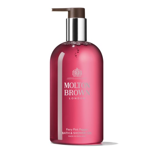 Rosa flaska med grå pump, märkt Molton Brown London, bad- och duschgell, doft är Fiery Pink Pepper.