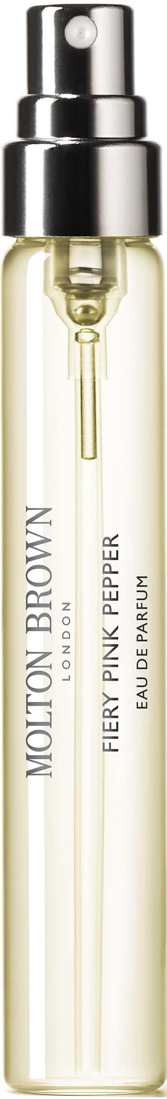 Kleine, klare Parfümsprayflasche mit Aufschrift 'Molton Brown Fiery Pink Pepper'.