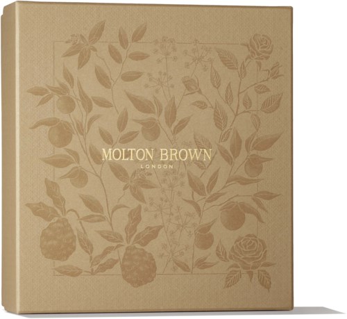 Eine beige Schachtel mit Blumenmuster und der Aufschrift Molton Brown London.