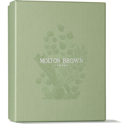 Ein grünes Buchcover mit Pflanzenillustrationen und dem Text Molton Brown London in der Mitte.