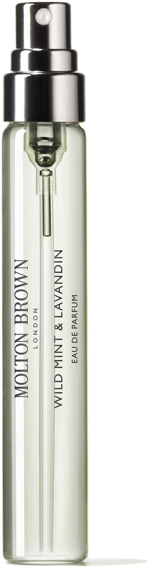 Eine klare Parfümflasche mit silberner Sprühkappe, beschriftet Molton Brown Wild Mint & Lavandin, 100ml.