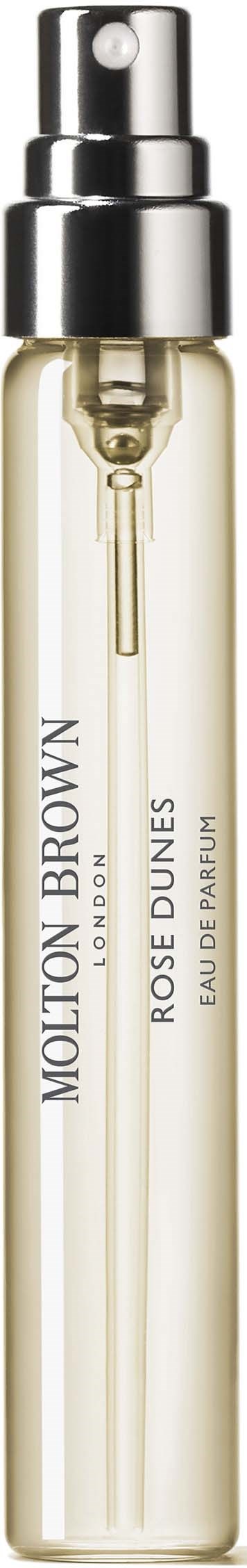 Eine Parfümsprühflasche mit dem Etikett Molton Brown Rose Dunes, mit glattem Silberdeckel und klarer Flüssigkeit.
