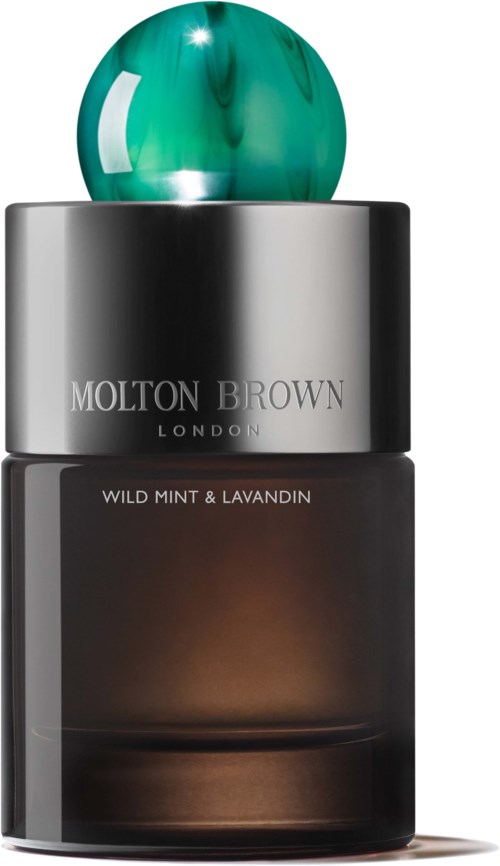 Ein Parfümflasche mit schwarzem Körper, silberner Kappe und grünem Kugelkopf, beschriftet 'Molton Brown London.'