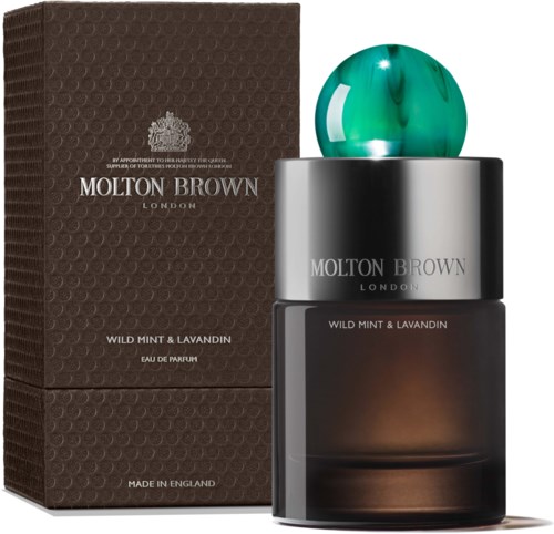 Eine Parfümflasche mit grünem Marmor-Deckel und braunem Karton mit Wild Mint & Lavandin.