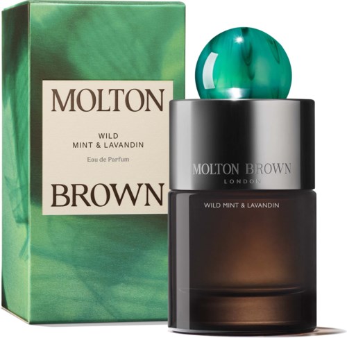 Molton Brown hajuvesipullo, vihreä ja musta pakkaus ja pyöreä vihreä korkki.