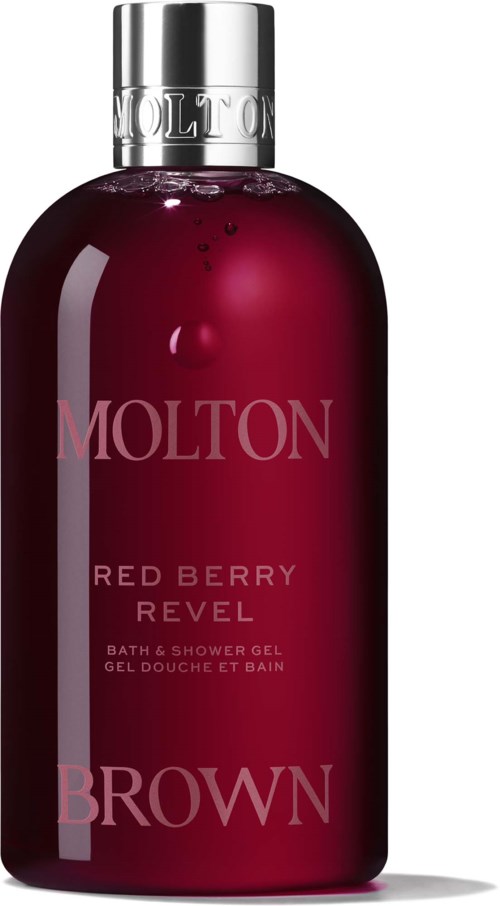 Red berry scented bath and shower gel in a dark red bottle with a silver cap.