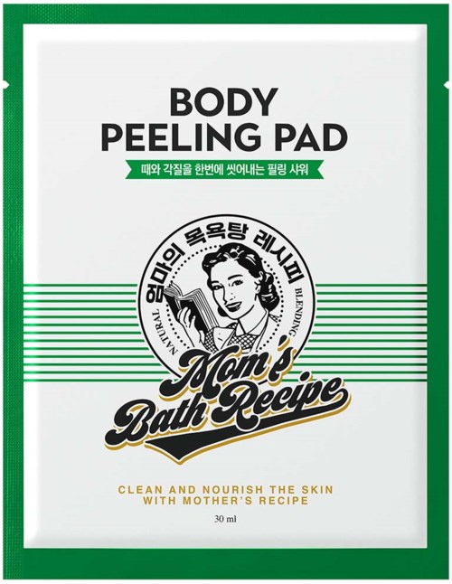 A package labeled 'Body Peeling Pad' with a logo of a woman, green and white colors, and text about skin care.