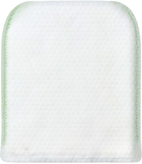 A white square pad with a soft, textured surface, and green edging around the border.