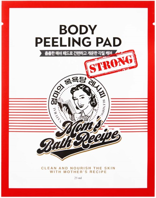 A red and white package for a body peeling pad with a woman's illustration, the words 'Strong' and 'Tom's Bath Recipe'.