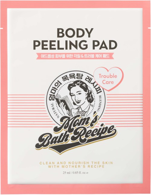 A pink and white package with text about a body peeling pad and mother's bath recipe. It has a retro illustration of a woman.