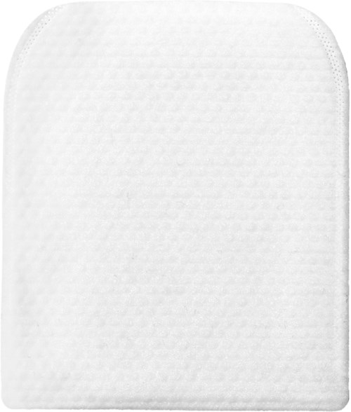 A white, textured pad with rounded corners, possibly a cushion or a wipe, simple and plain.