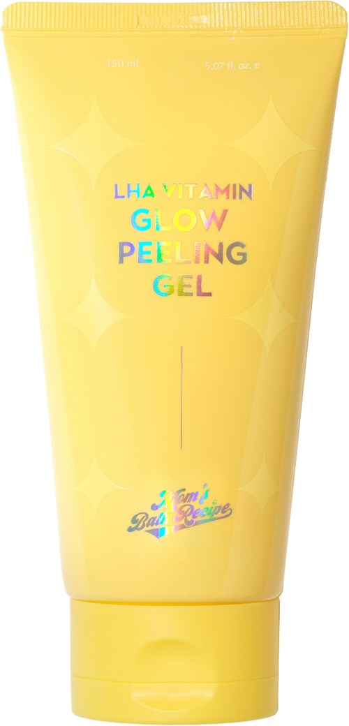 Yellow tube of glow peeling gel with colorful text and star patterns.