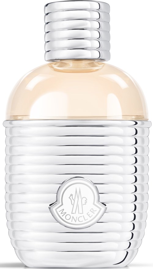 Hajuvesipullo, jossa on hopeasihavyö ja hopeinen pinta, Moncler-logo. Hajuvesi on vaaleanvärinen.